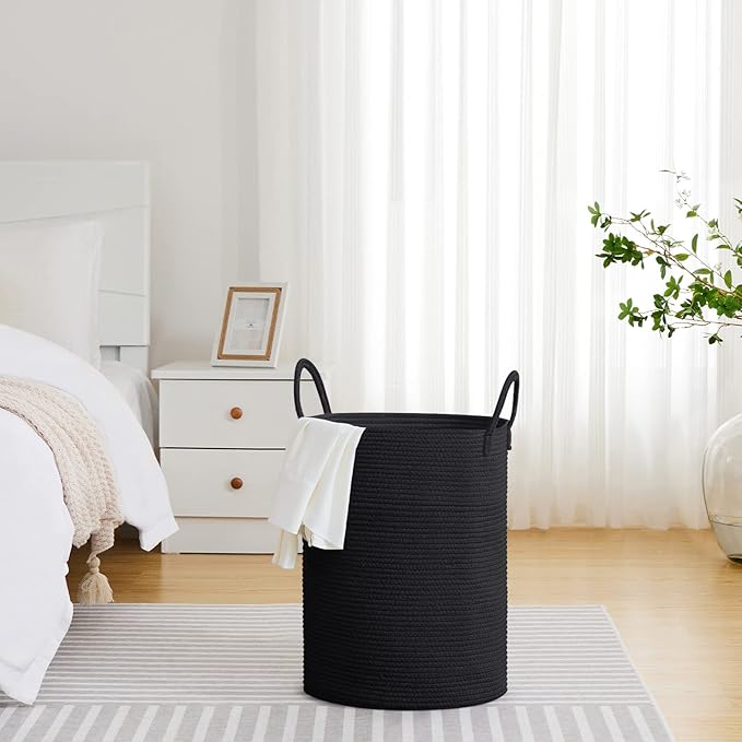 VIPOSCO Large Laundry Hamper, Tall Woven Rope Storage Basket for Blanket, Toys, Dirty Clothes in Living Room, Bathroom, Bedroom - 58L Black