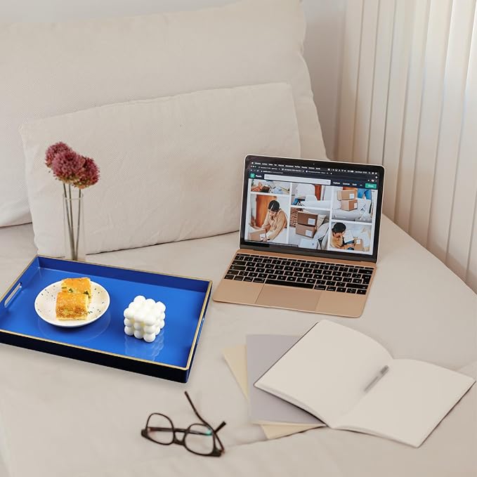Blue Decorative Coffee Table Tray, Rectangular Plastic Serving Tray with Handles for Living Room, Ottoman, Bathroom, 15.7"*10.2"