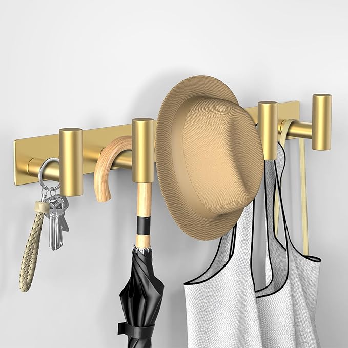 VAEHOLD Hat and Coat Wall Mount Rack - Hooks for Robes, Bags, Keys, and Towels - Bathroom Towel Hanger Organizer (Gold, “T“ Shape 5 Hooks 1 Pack)