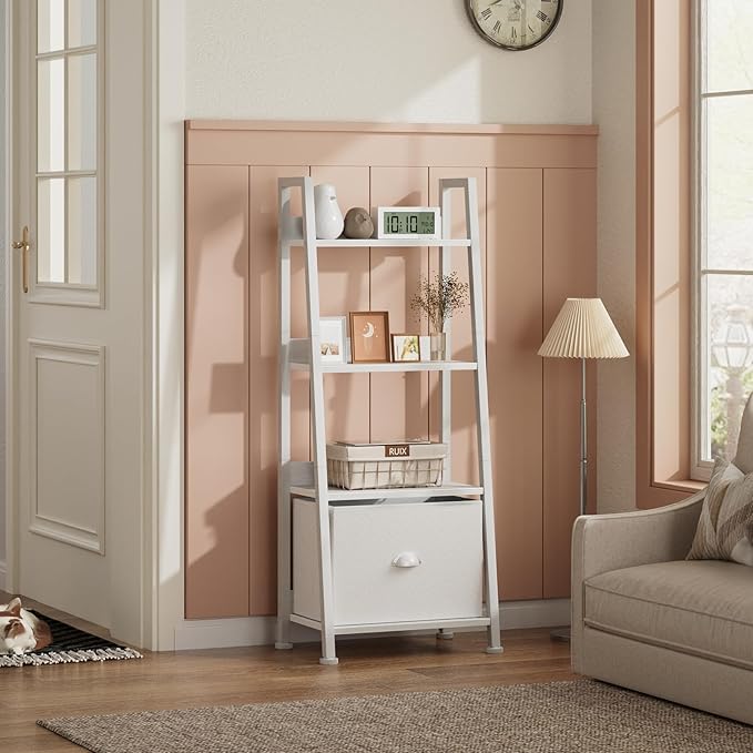 Furologee 4-Tier White Ladder Shelf, Ladder Bookshelf with Removable Drawer, Bookcase Storage Rack Organizer, Freestanding Storage Shelves for Living Room, Home Office, Bedroom