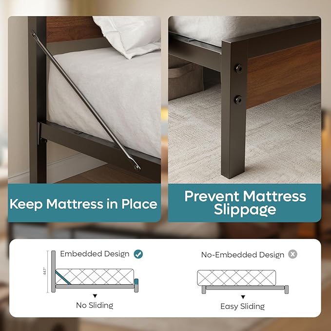 Bestier King Bed Frame with Storage Headboard and Charging Station, Walnut Platform Bed Frame with LED Light, Non-Slip Metal Bed Frame, Noise-Free, Easy Assembly,Brown