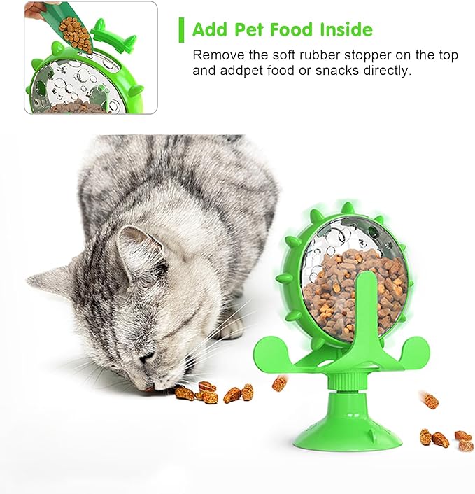 Cat Dog Treat Dispenser Toy - Cat Interactive Feeder Pet Food Toys Feeder 360° Degree Rotating Food Leakage Device Rotate with Strong Suction Cup Money Wheel Shape (Green)