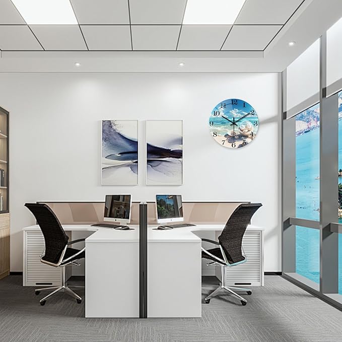 XNM Coastal Glass Clocks Battery Operated 20 Inch Blue Large Wall Clocks for Living Room Decor Round Quiet Wall Clock Modern