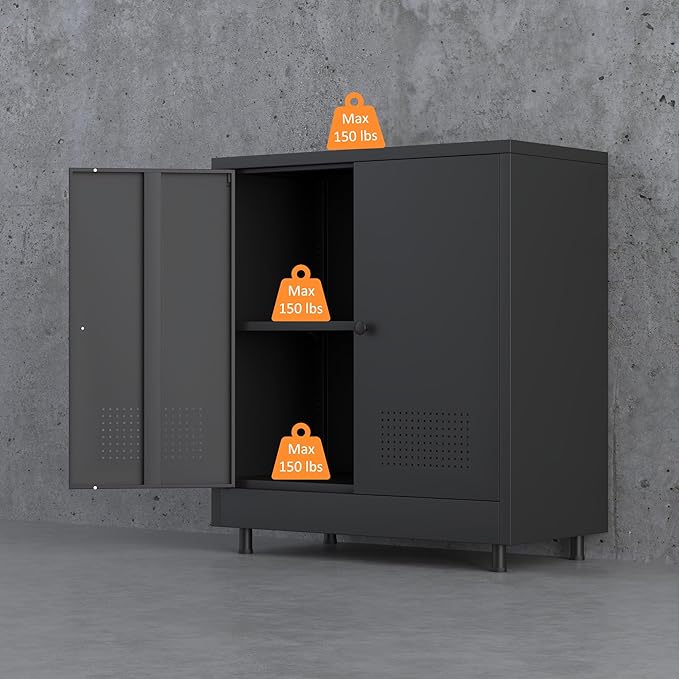 Metal Storage Cabinet with 2 Doors and Adjustable Shelf, Steel Accent Sideboard Buffet Cabinet for Home, Office, Garage, Entryway, Living Room, Kitchen Pantry and Dining Room (Black)