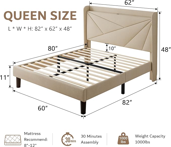 iPormis Queen Size Bed Frame with Charging Station, Linen Platform Bed Frame with Wingback Upholstered Headboard, Solid Wood Slats Support, No Box Spring Needed, Easy Assembly, Beige