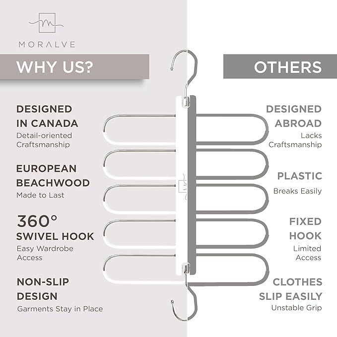 MORALVE Pants Hangers Space Saving - European Beechwood Scarf and Jean Hangers - Closet Organizer and Space Saver Pant Rack, Leggings Hanger, and Scarf Holder with 360° Swivel Hook (1 Pack)