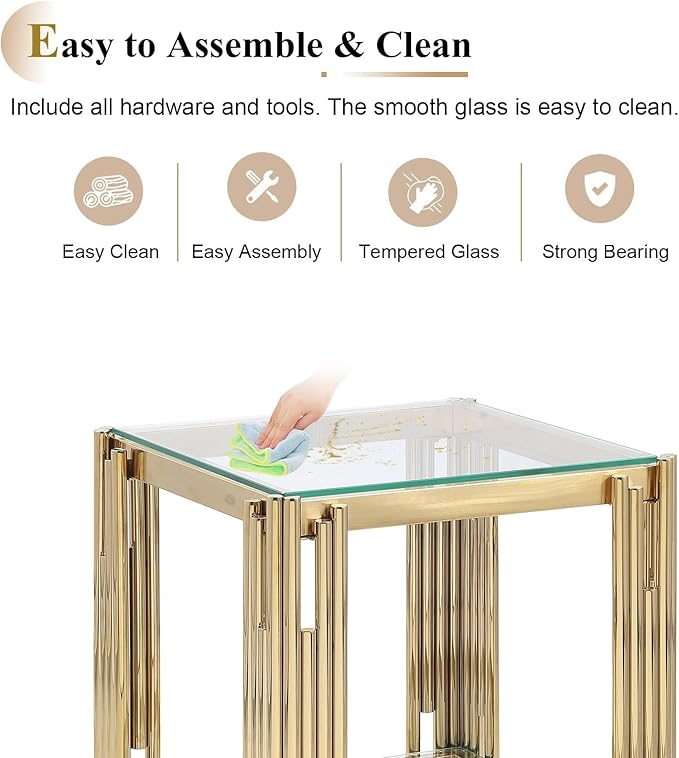 3 Pieces Glass Living Room Table Set Modern Coffee Table Console Table End Table Set with Storage 2-Tier Glass Gold Coffee Table Set w/Stainless Steel Frame for Apartment Home Office