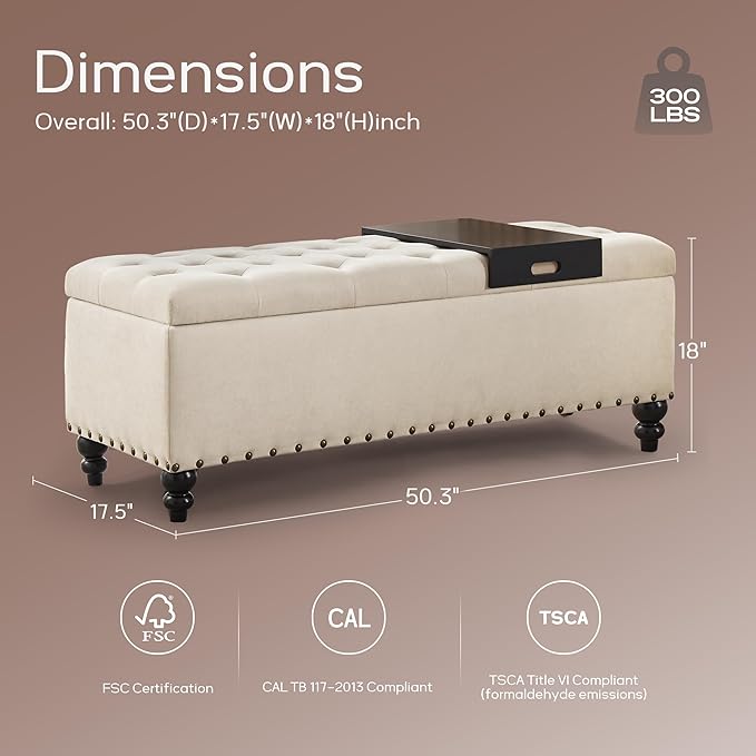HUIMO 51-inch Storage Ottoman Bench with Removable Tray, Bedroom Bench with Button-Tufted, Safety Hinge Ottoman in Upholstered Fabrics, Large Long Bench for Living Room, Bedroom (Beige)