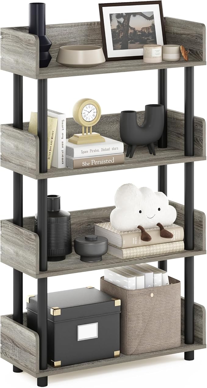 Furinno TURN-N-TUBE 4-Tier Display Shelf, Storage Shelves, Book Shelf, Open Shelves with Rounded Corner Top Edges, for Organization and Storage, Living Room, Home Office, French Oak