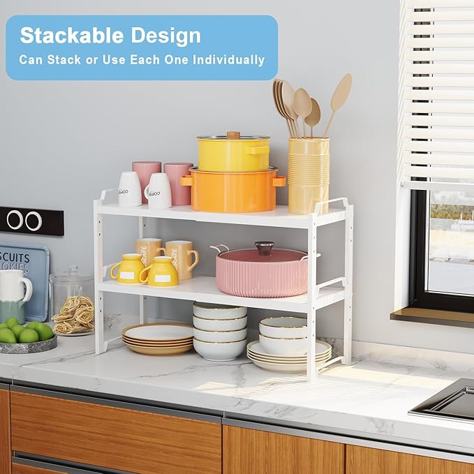 2 Pack Expandable Kitchen Cabinet Shelves Organizers, Stackable Adjustable Small Storage Shelf Rack Stand Riser for Pantry Cabinet Cupboard Kitchen Counter Organization, 22 lbs Capacity, Length:20.5"