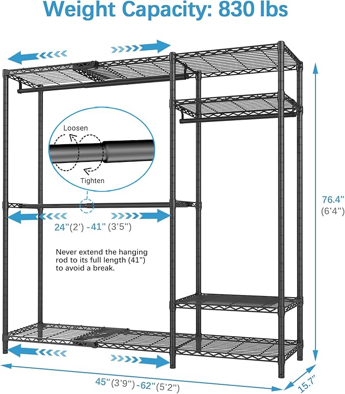 VIPEK X20 Plus Expandable Reach-in Closet Rack Adjustable from 3'9" to 5'2" Clothing Rack with Extendable Shelves and Hanger Rods Portable Clothes Racks Open Walk-in Closet System, Black