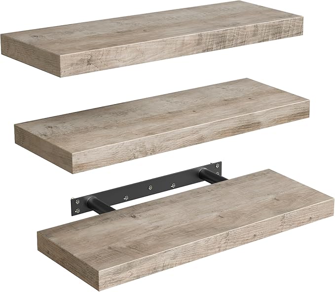 Floating Shelves for Wall, 1.5" Thick Wall Shelf Set of 3 with Invisible Brackets, 15.7L x 7.9W Hanging Book Shelves Farmhouse Home Decor for Bathroom, Living Room, Bedroom, Greige 4301BJP3BG