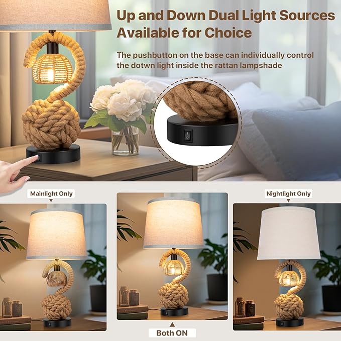 22" Rope Lamps for Night Stands, Dual-Lights Bedside Lamps Set of 2, Boho Table Lamps for Living Room, 3-Color Temperatures Boho Lamp with Rotary Switch, Rattan Lamp with USB Ports, 4 Bulbs Included
