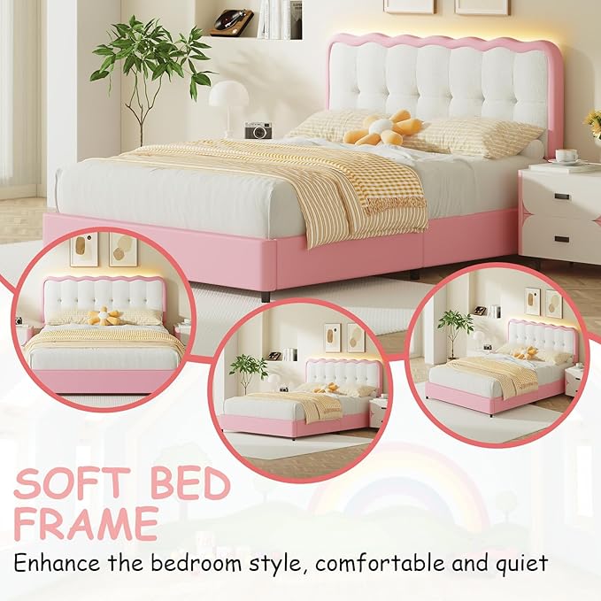 BarnFurin Full Size Bed Frame with LED Lights, Full Bed Frame with Headboard LED Lights, Upholstered Platform Bed with Cloud Headboard, No Box Spring Required, Easy Assembly, Pink