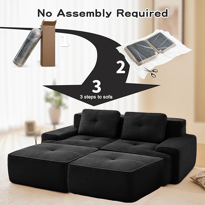 80" Modern Corduroy Boneless Love Seat Couches with 2 Ottomans, 2 Seater Large Sectional Couches for Living Room, Black Cloud Modular Sectional Sofa, Memory Foam, Extra Deep Loveseat, No Assembly