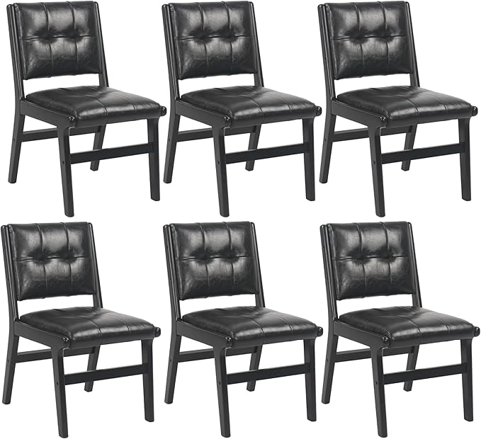 KCC Modern PU Leather Dining Chairs Set of 6, Upholstered Kitchen Chairs with Solid Wood Legs and Comfortable Seat for Dining Room/Lounge/Bedroom(Black)