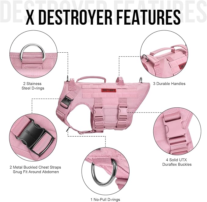 OneTigris Large Tactical Dog Harness, No Pulling Adjustable Dog Vest Harness, Heavy Duty Dog Harness with Handle, Large Hook and Loop Panels for Patch(Pink,L