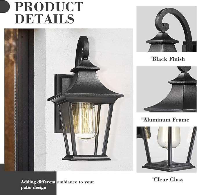 Emliviar Outdoor Wall Lights 2 Pack - Exterior Porch Lights Wall Mount in Black Finish with Clear Glass, XE219B-2PK BK