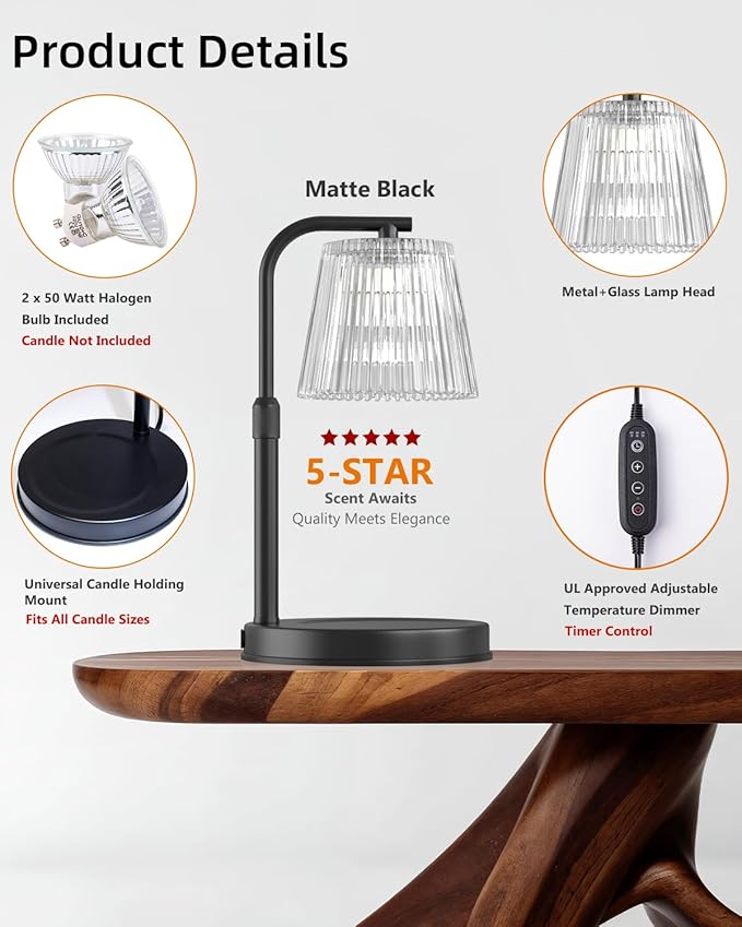 Candle Warmer Lamp with Timer Dimmable - Adjustable Electric Wax Melt Warmer Scented Large Jar Candles Lights, House Warming Birthday Gifts for Women, Glass Vintage New Home Living Room Decor, Dark