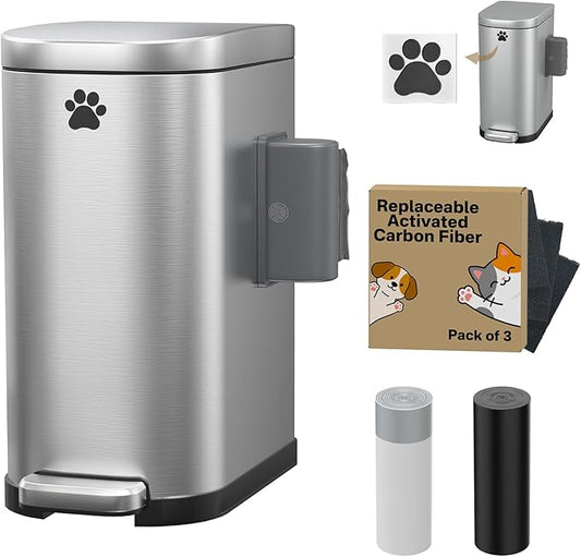 Dog Poop Trash Can Outside with Odor Control Lid & Step Pedal, 3.2Gal Stainless Steel Outdoor Trash Can, Waterproof Dog Waste Container - Includes 3 Carbon Filters & Bin Bag Holder