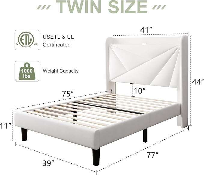 Feonase Twin Size Bed Frame with Charging Station, Upholstered Linen Bedframe with Wingback Headboard, Solid Wood Slats Support, No Box Spring Needed, Noise Free, White