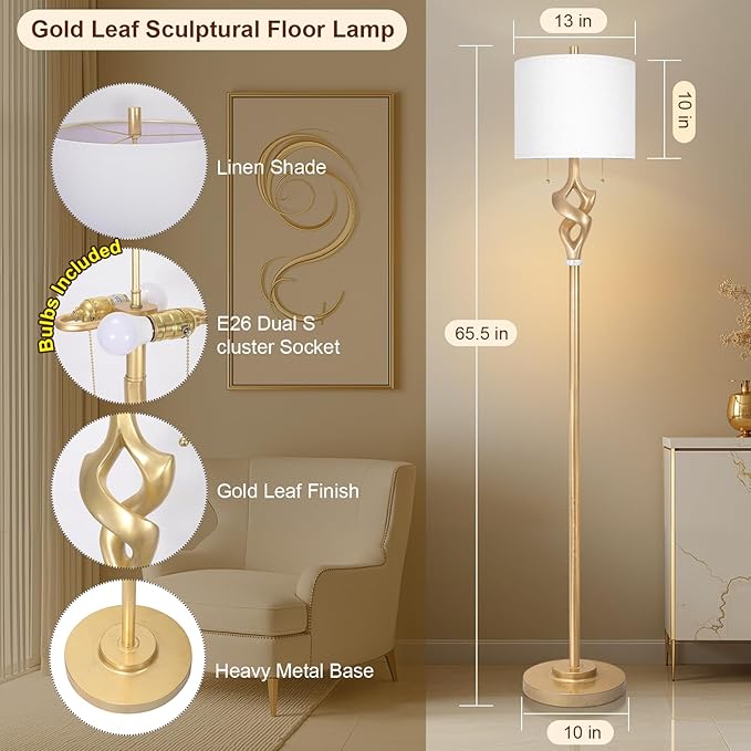 Scenekoy Sculptural 65.5” Floor Lamp for Living Room Bedroom, Gold Leaf Finish & Resin Body, Pull Chains Switch Standing Lamp, Brightness Adjustable Corner Lamp with Bulb Prefer for Home Office Bar