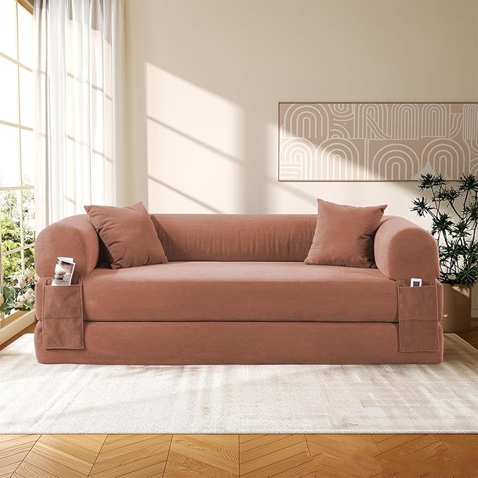 Convertible Futon Sofa Bed,80" Folding Pull Out Couch Bed with Pillows & Storage Pocket, Oversized Queen Sleeper Sofa in a Box,Corduroy Boneless Couch for Living Room,Pink
