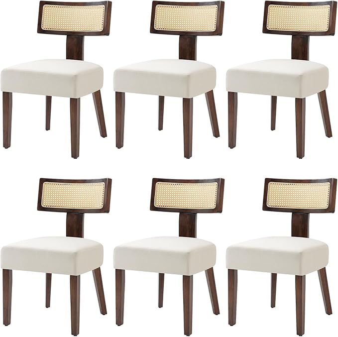 Rattan Dining Chairs Set of 6, Mid-Century Modern Fabric Dining Room Chairs with Brown Hardwood Frame, Upholstered Curved Backrest Kitchen Chair Armless Accent Chairs for Living Room (Cream)