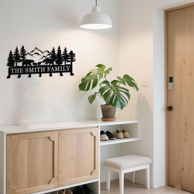 Custom Metal Hooks Key Rack with Name,Bear Family Theme Decor,Personalized Key Holder Wall Mount Hooks for Bedroom Entryway,Housewarming Gift Bear