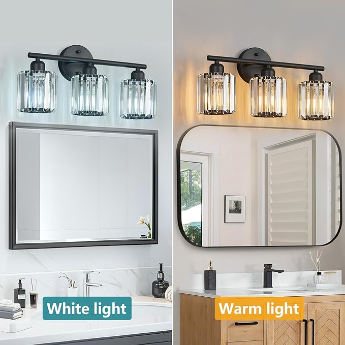 Modern 3 Light Crystal Vanity Light, Black Vertical Bathroom Light Fixture Over Mirror for Dressing Table Sink, Compatible with Dimmable Bulbs (Bulbs Not Included)