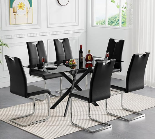 Goujxcy Modern Black Glass Dining Table Set for 6, Glass Kitchen Table and Chairs Set of 6, 7 Piece Dining Table Set with 51" Rectangle Dinner Tables and 6 PU Leather Dining Chairs