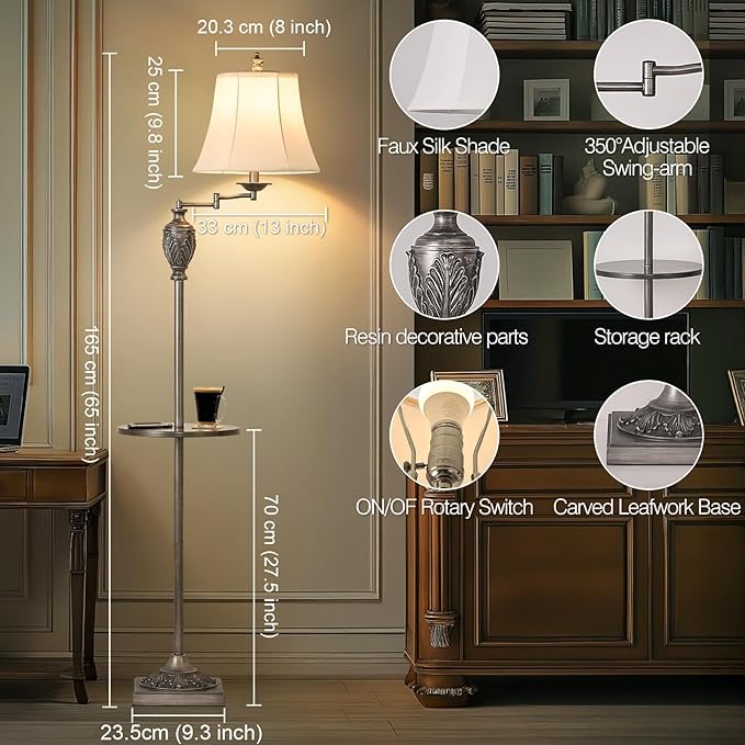 Traditional LED Floor Lamp with 350° Adjustable Swing Arm Lamp – Vintage Standing Pole lamp for Living Room, Bedroom and Office – Rustic Upright Floor Light for Home Décor with Silk Fabric Shade