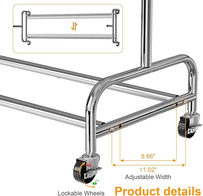Standard Clothing Garment Rack with Wheels, 47.05" to 65.94" Adjustable Chrome Clothes Rack for Hanging Clothes, Portable Rolling Clothing Rack with Lockable Casters for Bedroom, Laundry Room