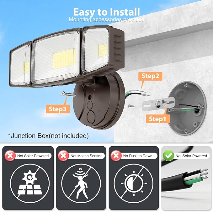 Onforu 80W 9000LM Flood Lights Outdoor, Brightness Security LED Flood Lights with 3 Adjustable Heads, Switch Controlled, IP66 Waterproof 6500K Outside Exterior Flood Light for Yard Garage Eave Patio