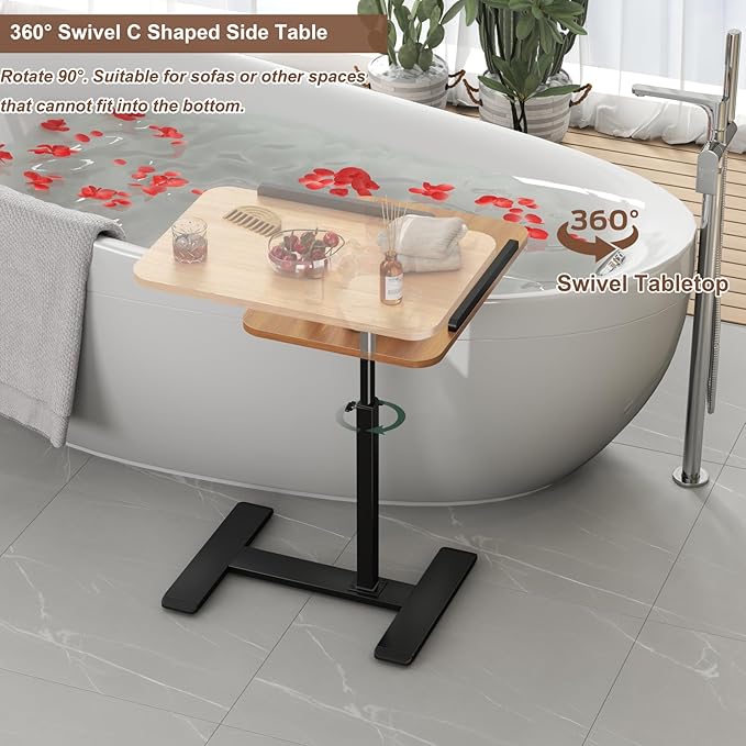 Adjustable Height C Shaped Side Table,360°Swivel Overbed Table,Top Tilting Laptop Stand Table with Hidden Wheels,Mobile Couch End Tables that Slide under,Rolling TV Coffee Table for Sofa/Bed (wood)