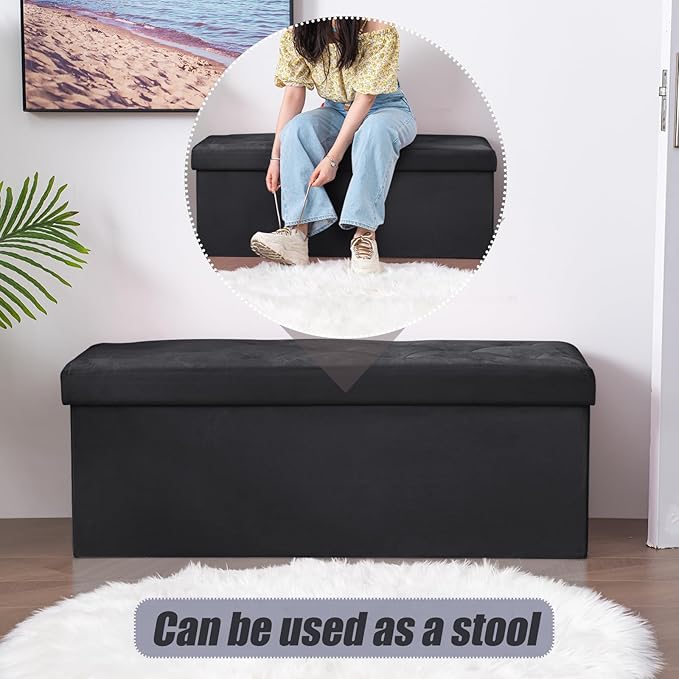 BRIAN & DANY 43 Inches Folding Storage Ottoman Bench, Velvet Ottoman with Storage for Living Room, Long Shoes Bench,Flannelette Footrest Benches Seat (Black)