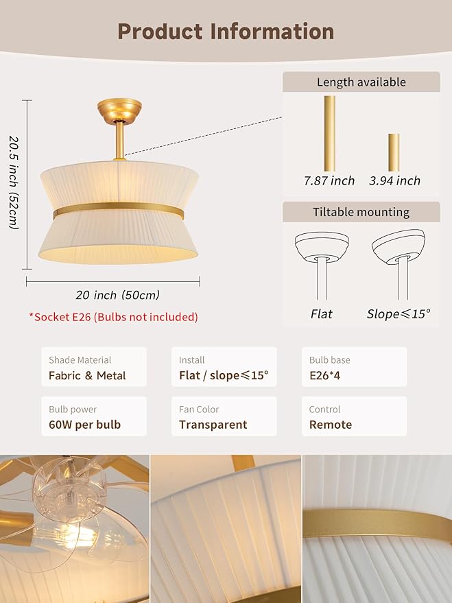 Boho Fandelier Ceiling Fan with Light and Remote Rattan Chandelier Fan Fabric Chandelier Fan Gold Caged Ceiling Fan with Light for Bedroom, Living Room Nursery Foyer Kitchen（ Timing Adjustable Height）