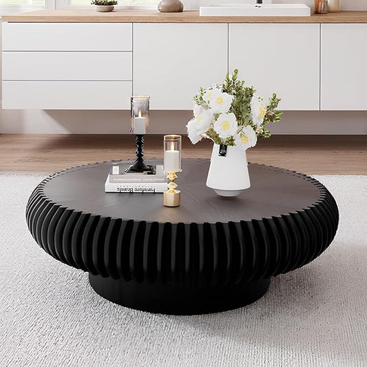 Round Drum Coffee Table for Living Room, Mid Century Modern Coffee Table with Sturdy Pedestal, Farmhouse Fluted Circle Center Table Accent Tea Table for Apartment (Large Black)