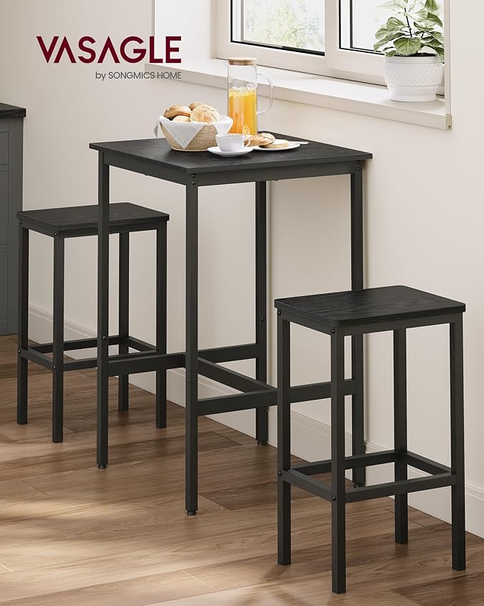 VASAGLE Bar Table and Chairs Set, Square Table with 2 Stools, Dining Pub Set for 2, Space Saving for Kitchen Breakfast, Living Room, Party Room, Ebony Black and Ink Black