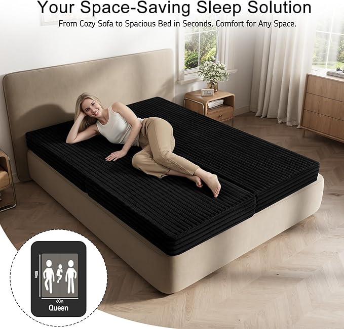 MeMoreCool Convertible Sofa Bed, Folding Floor Couch Bed Queen, Pull Out Sleeper Couch with Pillows, Fold Out Futon Sofa for Bedroom Living Room Small Space, Corduroy Black