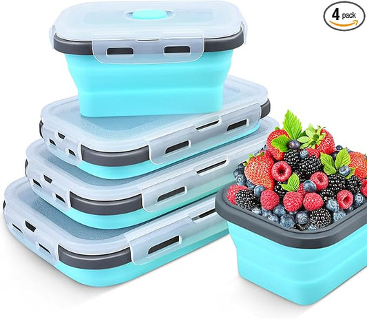 Collapsible Food Storage Containers with Lid & Air Vent, 4 Pack Rectangular Foldable Collapsible Storage Containers Sets, Lunch Bowls for Camping, Travel, Microwave Freezer Dishwasher Safe