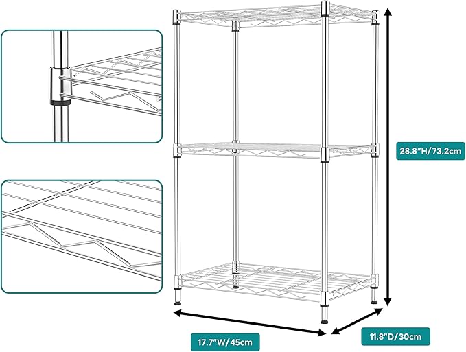IZEUK 3 Tier Metal Wire Shelving Rack Storage Shelves for Kitchen, Bedroom, Living Room or Laundry Room, Chrome, 17.7" W x 11.8" D x 28.8" H