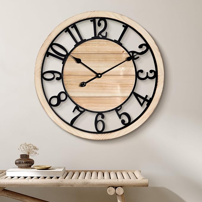 Maxstar 24'' Wall Clock for Living Room Decor, Ultra-Silent Rustic Wooden Farmhouse Wall Clock with Metal & Real Wood Frame, Battery Operated, for Kitchen Bedroom Office, Arabic Numerals