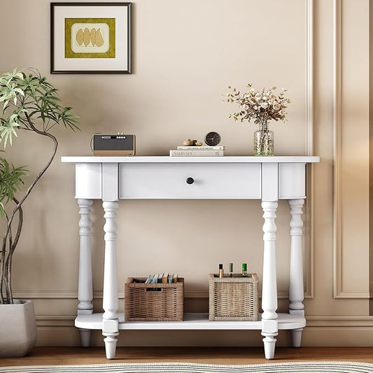 HMFULE Retro Curved Console Table, 36" Solid Wood Half Moon Console Table Sofa Table Entryway Table with 1 Drawer 1 Open Shelf Roman Legs Curved Corners for Living Room,Entryway,Hallway,White