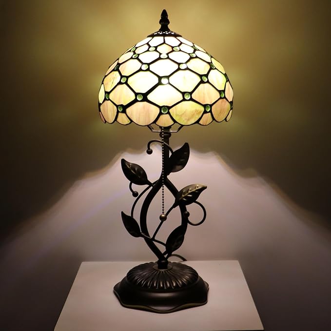 Small Tiffany Lamp Amber Green Pearl Style Stained Glass Table Lamps Desk Bedside Reading Light 8X8X18 Inches with Bronze Metal Leaf Resin Base