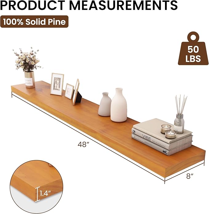Vivelove Solid Wood Floating Shelves 48 Inches Long, 8”Deep x 1.4” Thick Wall Shelves for Bathroom, Living Room, Kitchen, Bedroom, Office, Rustic Farmhouse Home Decor, Set of 1 - Honey Oak