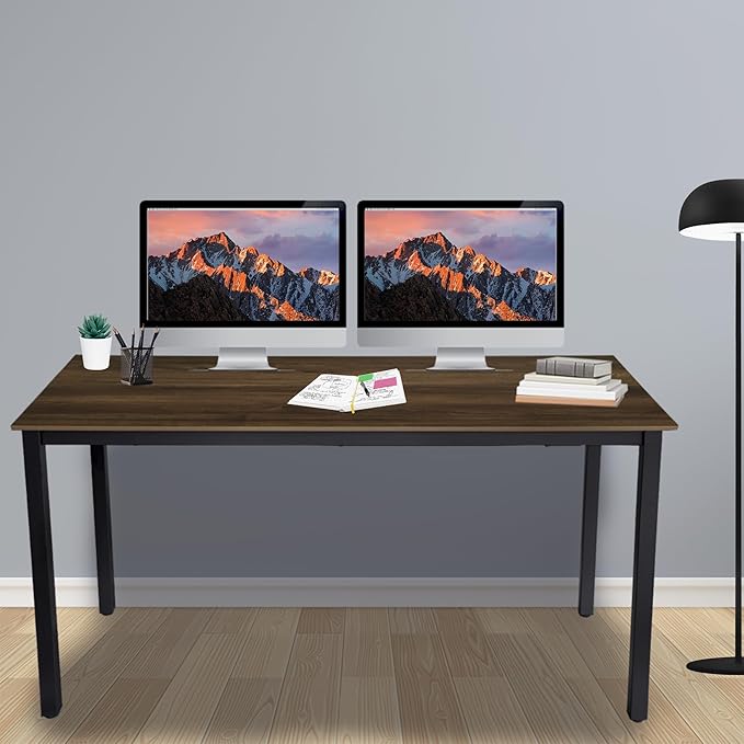 55 inch Large Computer Desk Wood, Modern Simple Style Desk for Home Office, Bedroom, Study Student Writing Desk, Small Spaces, Black Metal Frame, Walnut Top