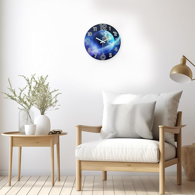 Blue Decorative Wall Clock for Living Room 16 Inch Round Analog Glow in The Dark Wall Clocks Battery Operated Quite Wall Clock Non Ticking