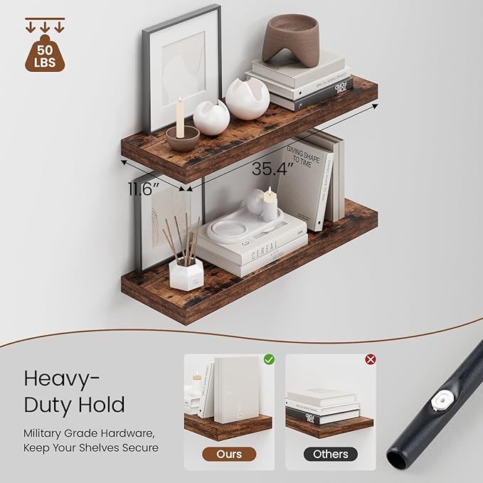 Heimlove 36 Inch Long Floating Shelf for Wall, 12" Deep Floating Shelves Shelves for Bedroom Living Room Bedroom,Wall Mounted Shelves for Storage Book Decor, Set of 2, Rustic Brown