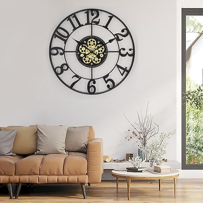 29 Inch Large Wall Clocks for Living Room Decor with Moving Gears,Large Wall Clock Industrial Steampunk,Oversized Metal Analog Wall Clocks for Farmhouse Home Battery Operated
